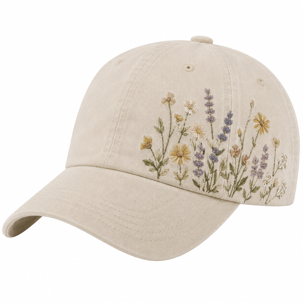 Beige Unisex Baseballkappe mit Blumenstickerei