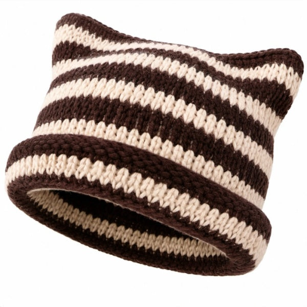 Gestreifte Strickmütze Braun/Beige mit Katzeneohren-Design