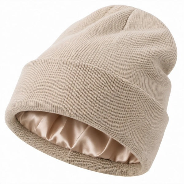 Beige Beanie mit Satinfutter für Erwachsene